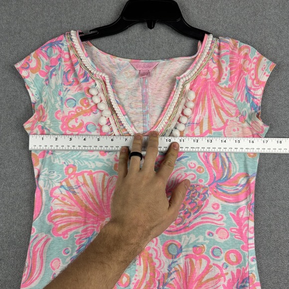 Lilly Pulitzer Dress Womens Small Multicolor Tropical Print Beaded Neck Shift - Picture 4 of 9